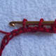 Skip a ch, draw a loop in the next ch. This loop will be the SECOND LEG LOOP.