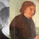 Image on the left shows details of other drawings that were originally included, viewed through infrared reflectography, but later on painted over, that ae not visible in visible light.