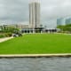 Another view of the Cherie Flores Garden Pavilion in McGovern Centennial Gardens taken from the bottom of the Garden Mount on the opposite side of the lawn expanse