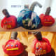 Little pumpkins can be made in a similar way by using orange fabric and wrapping the opening closed with yarn or some sort of string. We even used old shoelaces.