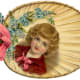 Fan with little boy and blue forget-me-nots flowers and pink bow