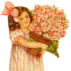 Little girl in striped dress carrying a pot of azaleas