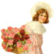 Little girl in striped dress and white hat carrying a basket of pink and red roses