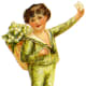 Victorian little boy in green suit with flower basket
