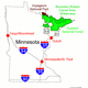 Map of parks and forests in Northern Minnesota . The parks are: Superior National Forest, Voyageurs National Park and the Boundary Waters Canoe Area.