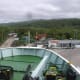 Kennacraig Ferry Terminal bookings office as seen from on board the Hebridean Isles ferry about to depart for Islay