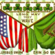 Irish flag and American flag overlapping with shamrocks in the background "Erin Go Bragh" and E Pluribus Unum"