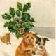 Vintage pet Christmas card -- dogs sledding carrying large holly branch