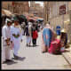 Female Yemeni sellers wearing the Sana'ani Sitarah in a local market of Sana'a city