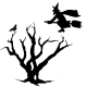 Free witch on a broom flying over dead tree