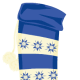 Blue-and-white striped Christmas stocking.