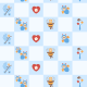 Baby scrapbook paper: blue check with buzzing bees, hearts, rattles and little boys in baby carriages -- medium size
