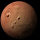 Mars globe, showing the position of the Olympus Mons volcano.