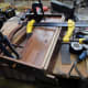 New back and base sections glued and pinned, and clamped in position while glue sets