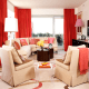 Coral and Off-White Theme.Window Drapes Throw, and Decorative Pillows with A Touch of Pink Lamp Shades.