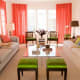 Coral and Lime Green Theme.Window Drapes and Decorative Pillows. Breathtaking!