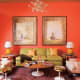 All Coral Wall Theme With Lime-Green Sofa & A Touch of Yellow in the Lamp.
