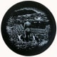 Slate coaster of farmer on farm with two collie dogs.