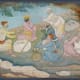 A group of Pahari travellers singing a folk song by the wayside, one of them beats the rhythm on a clay pot, while others clap and a man dances. Nainsukh.