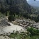 The theater in the foreground, the temple of Apollo on the next level down in the background, and in the wee distance is the Temple of Athena Pronaia on the slopes far below.