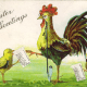 Vintage rooster schoolteacher and baby chicks with their homework