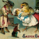 Vintage Easter greeting cards: Rabbit and chicken family with baby chick