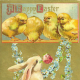 Vintage greeting cards: Easter bunny with four yellow baby chicks
