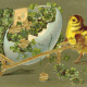Vintage Easter chick pushing cart made of a broken egg and filled with four-leaf clovers