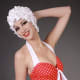 swim cap in white with model in red bathing suit