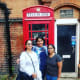 Near a big red phone booth