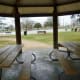 Many picnic tables in the park