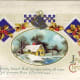 Free Victorian Christmas card with a house in the snow with a frozen pond and an ornate holly and bell border