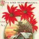 Victorian Christmas card with cabin in the winter snow surrounded by a poinsettia border