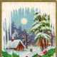 Victorian Christmas card with cabin in the winter snow with a full moon, fronted by holly and icicles