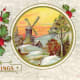 Free Victorian Christmas card with Dutch windmill in the snow with a holly border