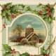 Free Victorian Christmas card with church in the winter snow with a holly border