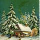 Free Victorian Christmas card with mountain cabin, snow, pine trees and December 25 calendar page