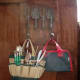 Decorative hooks on the inside of the door for hanging tool bags.