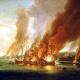 Battle of La Hogue, (1692) by Adriaen van Diest. The last act of the battle – French ships set on fire at La Hogue.