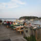 Five Islands deck and picnic tables overlooking Georgetown Harbor