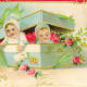 Babies and roses vintage Christmas card