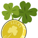 Lucky gold coin with two green St. Patrick's Day shamrocks