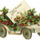 Gift tag: antique car filled with holly