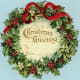 Free vintage gift tag: wreath with large red bow