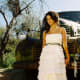Spaghetti straps, A-line waist, soft draping ruffles, semi full dress.