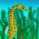Reconstructions of the prehistoric seahorses Hippocampus sarmaticus (largest), and H. slovenicus (red).