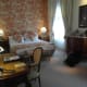Desk, bed and drinks station.