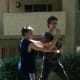 Defender strikes down with his elbow on the attacker's arms and is released from the choke
