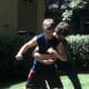 Defender steps to the right with his right foot