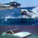 The Lotus Esprit diving in the water with an attacking helicopter, and after the Esprit's conversion to a submarine. The Spy Who Loved Me.